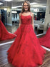 A Line Spaghetti Straps Red Tulle Appliques Lace Up Prom Dress LBQ4232